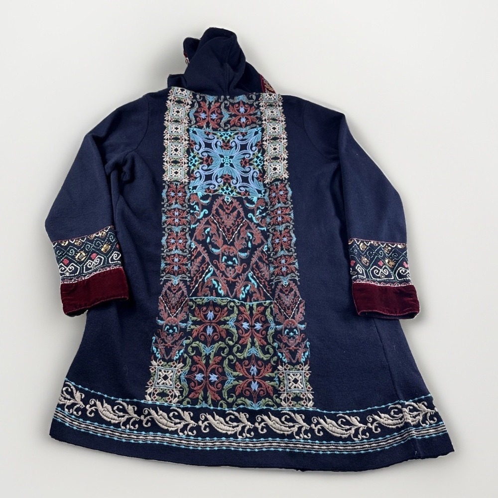 Soft Surroundings Tapestry Tunic Cardigan Women L Hooded Beaded Embroidered Open - Picture 2 of 7